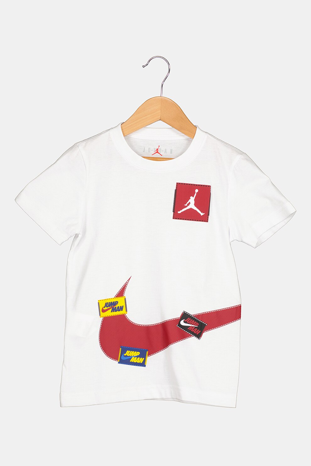 Nike, Tricou cu decolteu la baza gatului si imprimeu Jumpman, Alb/Rosu, 110-116 CM