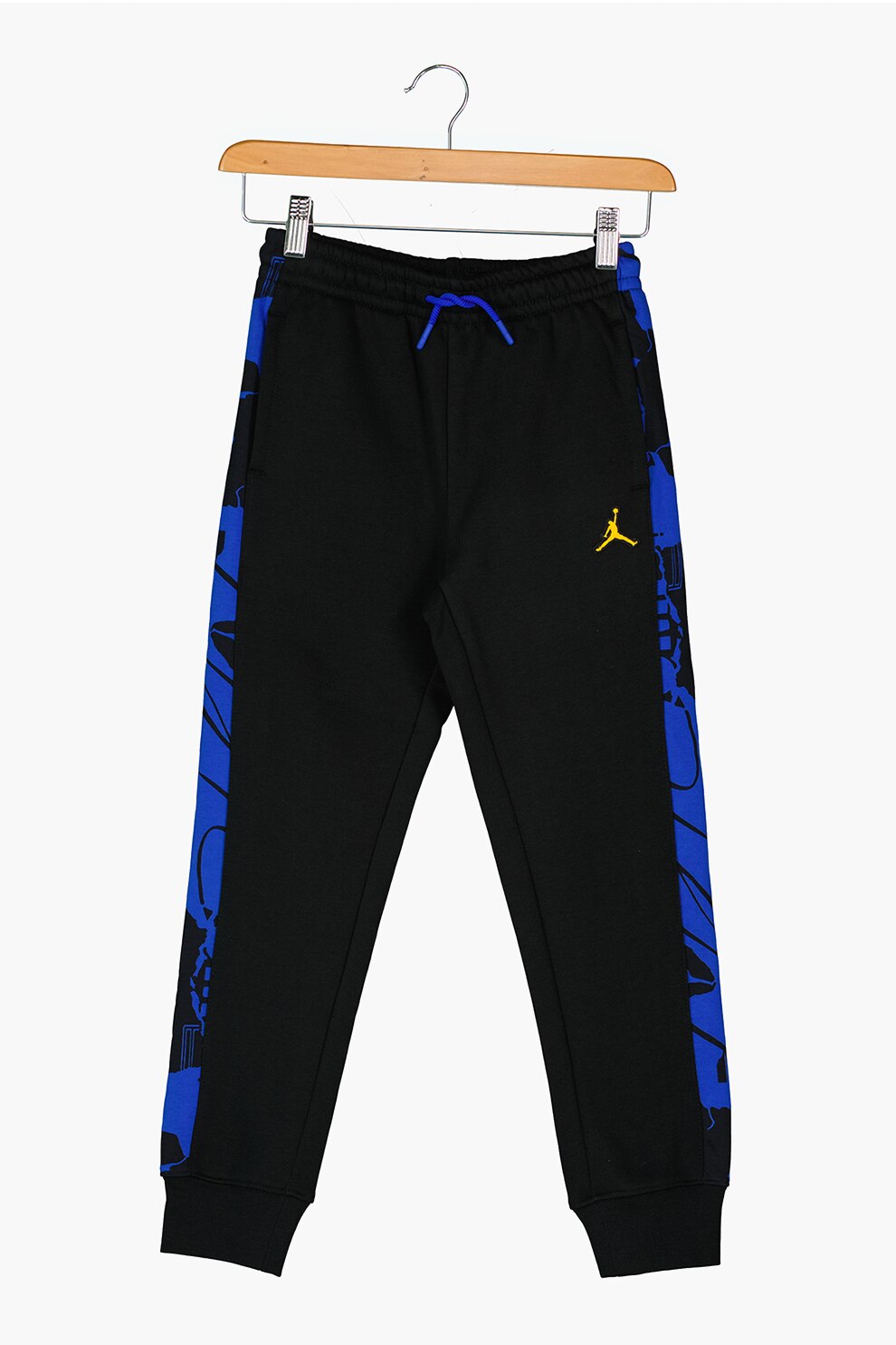 Nike, Pantaloni sport cu segmente laterale cu model grafic Essentials, Negru/Albastru royal, 137-152 CM