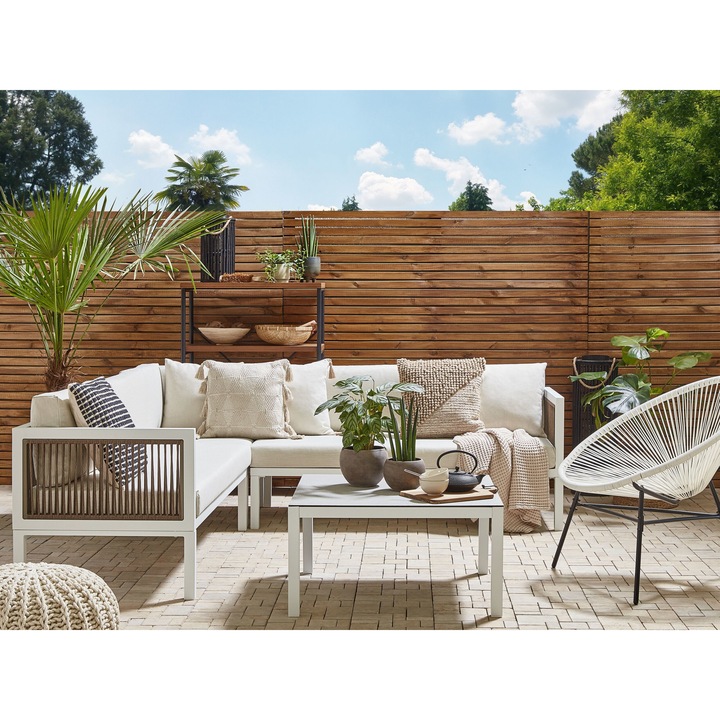 Négyszemélyes bal oldali fehér és barna sarok ülőgarnitúra bézs párnákkal BORELLO