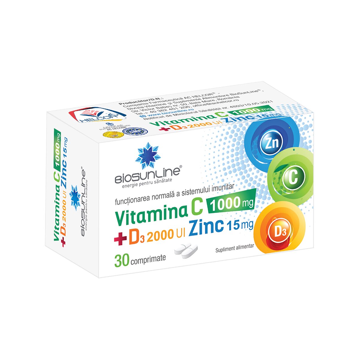 Supliment alimentar Vitamina C 1000 mg + D3 2000 UI + Zinc 15 mg, BioSunLine, 30 comprimate