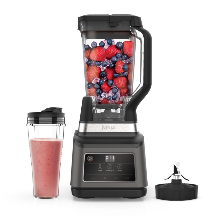 Blender 2in1 Ninja Auto IQ BN750, 1200W, 2.1L/700ml, 3 programe Auto IQ, 4 programe manuale, 3 viteze, functie zdrobire gheata, 1 recipient To Go, recipiente Tritan, lama patentată Pro Extractor Blade, fara BPA, negru