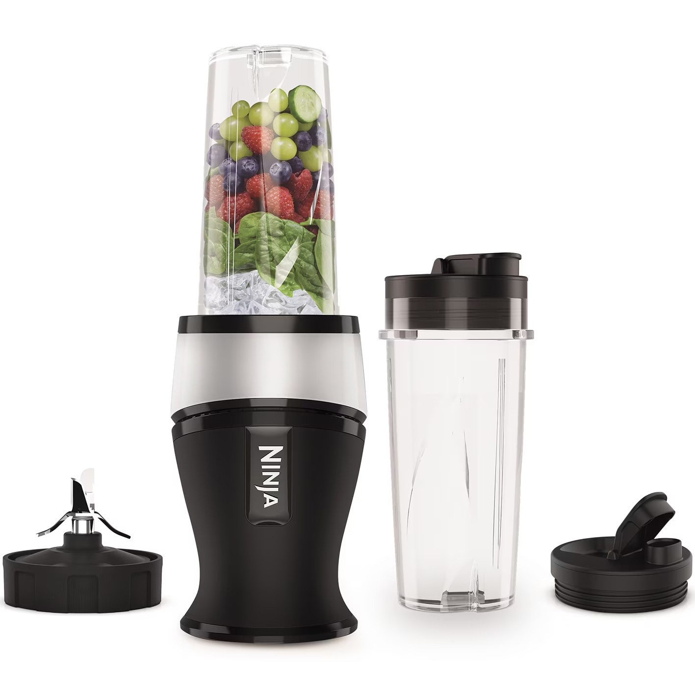 Blender personal sport Ninja QB3001, 700W, 2 x 470ml, 2 recipiente to go din tritan, 2 capace, tehnologie Blade otel inoxidabil, zdrobire gheata, portabil pentru shake-uri și smoot
