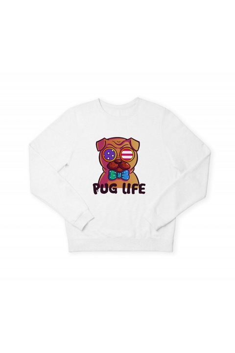 Bluza Mamino, Imprimeu grafic, Pug life, Alb, Alb
