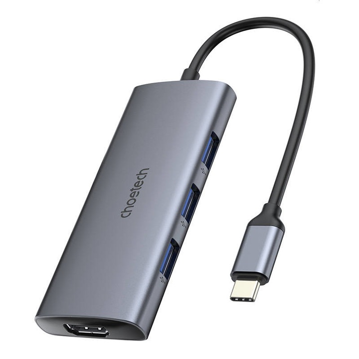 Хъб Choetech M19, USB-C - 1x HDMI, 3x USB 3.0, SD, PD 100W, Сив