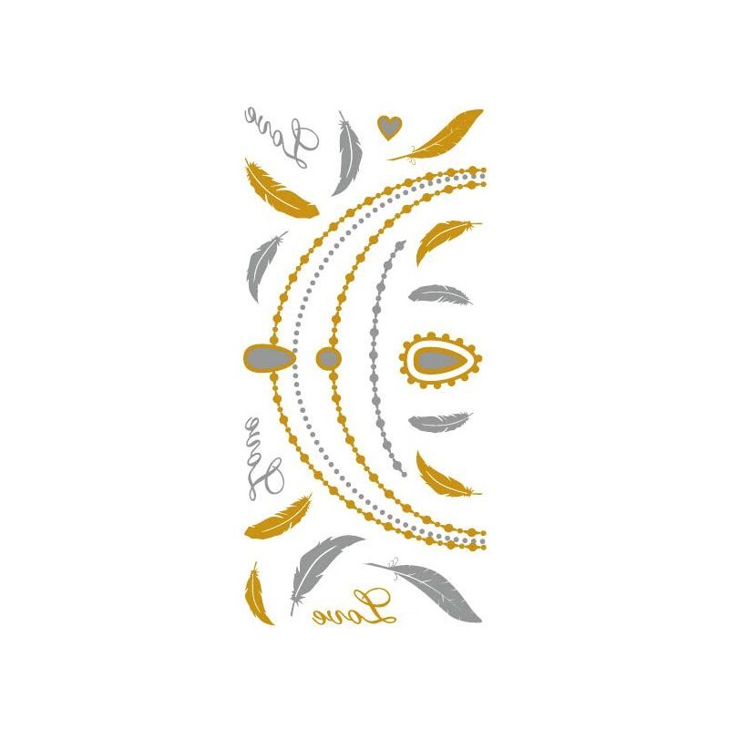 Tatuaj temporar Body Art Coliere si pene, 21x11 cm - Argintiu / Auriu metalizat