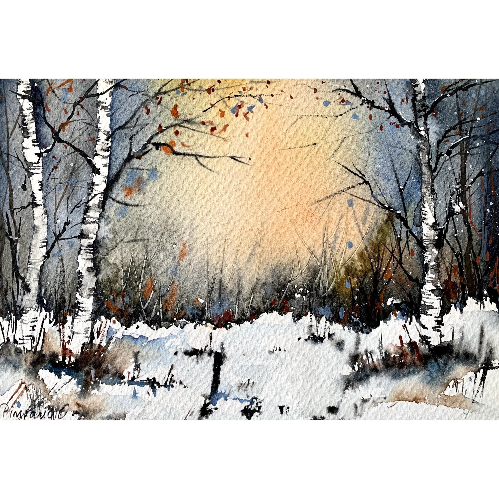 Pictura in acuarela Winter forest- pictat manual, dimensiune 18 * 26 cm