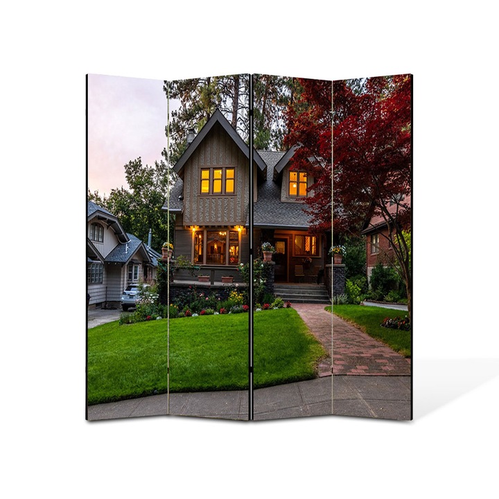 Paravan 4 piese Premium TrueColor, Art Star, Casa vazuta din fata, Urban, Panza pe cadru de lemn, Decoratiuni Moderne pentru Casa, 4 Panouri de 35x150, 140 x 150 cm