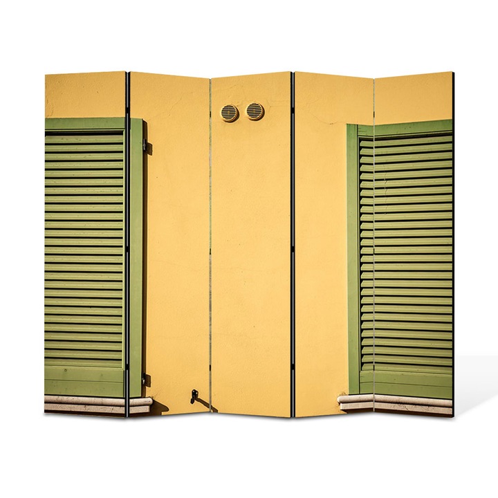 Paravan 5 piese Premium TrueColor, Art Star, Perete portocaliu cu geamuri verzi, Urban, Panza pe cadru de lemn, Decoratiuni Moderne pentru Casa, 5 Panouri de 35x180, 175 x 180 cm