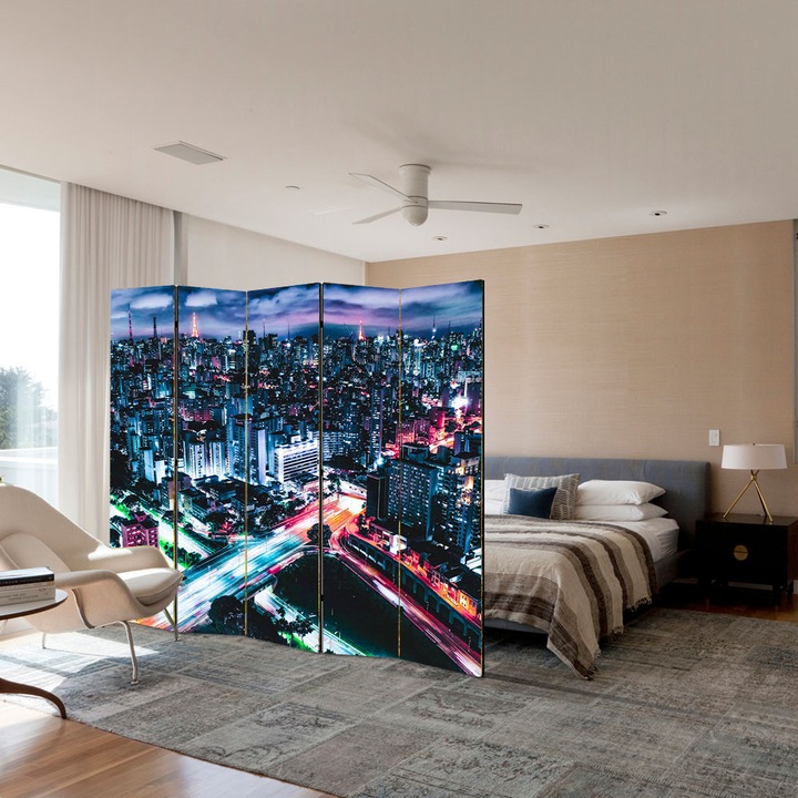 Paravan 5 piese Premium TrueColor, Art Star, Orasul luminilor aprinse, Urban, Panza pe cadru de lemn, Decoratiuni Moderne pentru Casa, 5 Panouri de 35x180, 175 x 180 cm