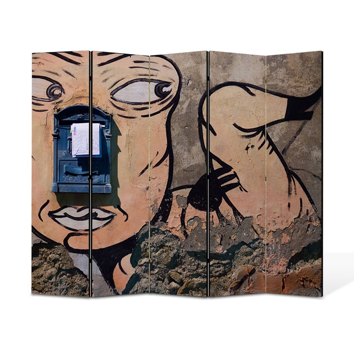 Paravan 5 piese Premium TrueColor, Art Star, Personaj desenat pe peretele cu posta, Urban, Panza pe cadru de lemn, Decoratiuni Moderne pentru Casa, 5 Panouri de 35x180, 175 x 180 cm