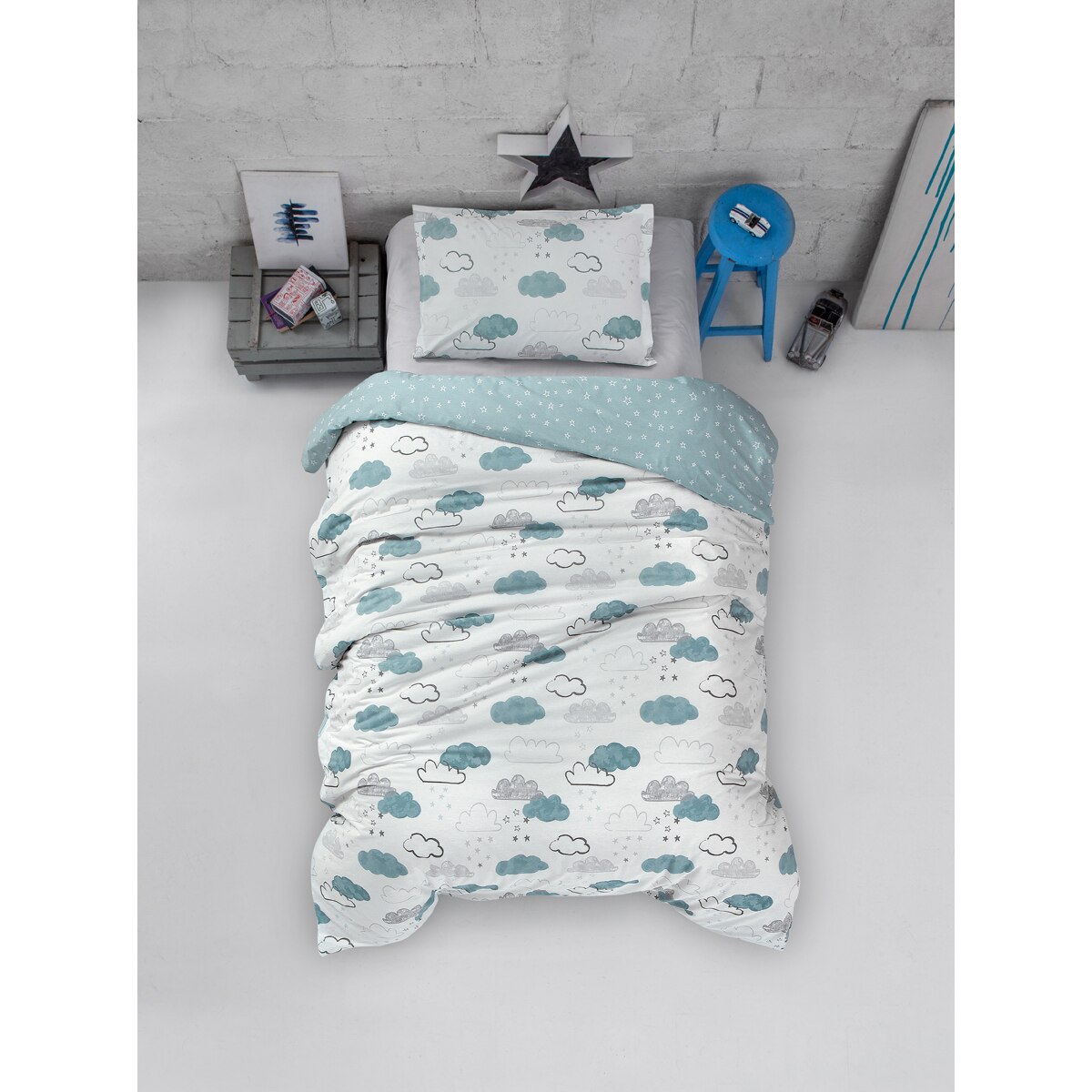 Lenjerie de pat Oyo Home, o persoana, 100%bumbac ranforce, densitate 145TC, 3 piese, cearceaf pilota 160x220, cearceaf pat 160x240cm, fata de perna 50x70cm, model nori