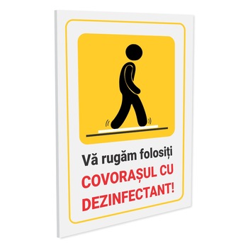 Indicator de avertizare Folositi covorasul cu dezinfectant S3039, 140x200mm, Autocolant PVC Indicator de avertizare Folositi covorasul cu dezinfectant S3039, 140x200mm, Autocolant PVC