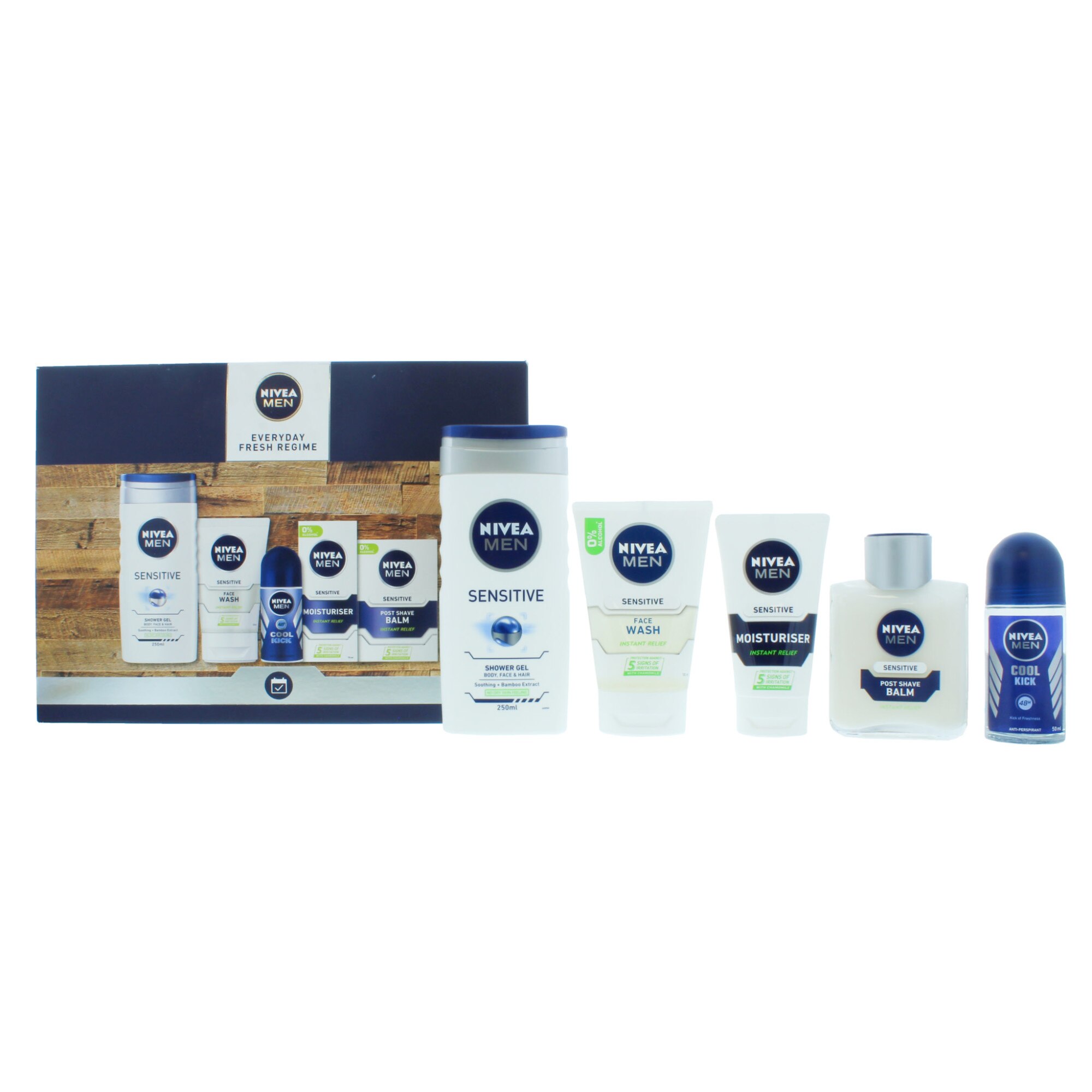 Set 5 Piese Nivea Men, Sensitive, 1 x Gel de Dus 250 ml, 1 x Gel de Curatare 100 ml, 1 x Crema Hidratanta 100 ml, 1 x Balsam post Barbierit 100 ml, 1 x Antiperspirant Cool Kick 50 ml
