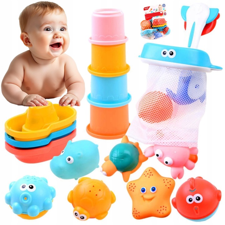 Set 16 Jucarii de Baie pentru Copii, Indiggo, Include 6 Animale Marine din Cauciuc, Plasa de Pescuit cu Ventuza, 4 Cupe, 3 Bile Colorate, Distractiv si Interactiv, 12 luni, Multicolor