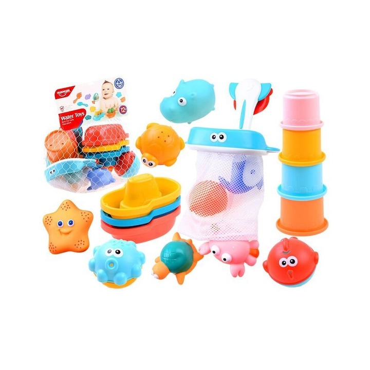 Huanger Indiggo Gyermek fürdőjátékok, 16 db, 6 db gumi tengeri állat, tapadókorongos horgászháló, 4 pohár, 3 színes labda, szórakoztató és interaktív, 12 hónapos kortól, többszínű