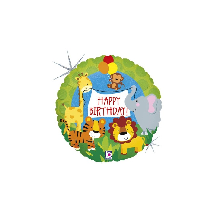 45 cm-es dzsungel állatos Happy Birthday hologramos fólia lufi
