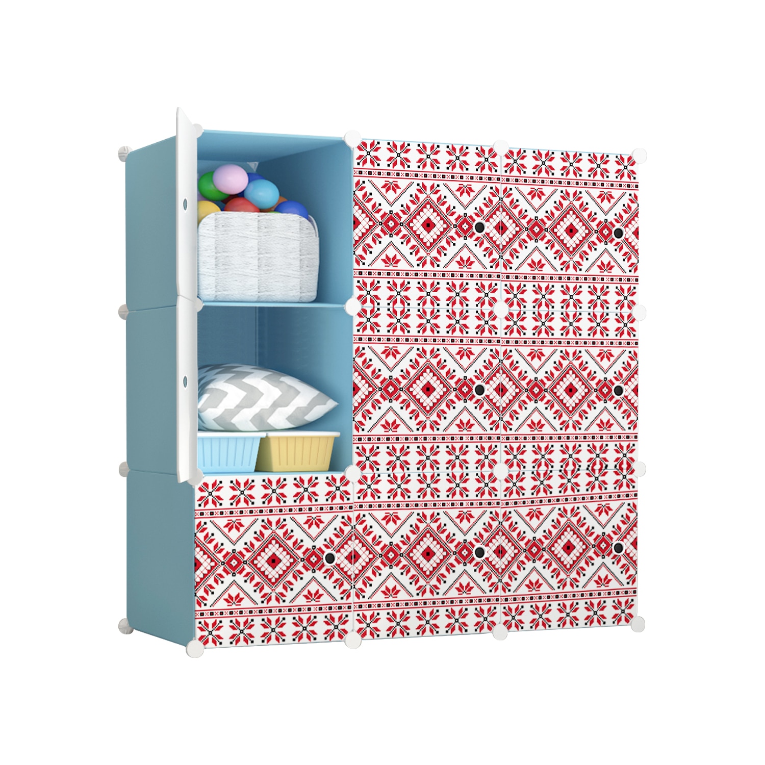 Dulap modular din plastic cu schelet metalic, imprimeu traditional, Naimeed D3424B, culoare Albastru, 111x111x37 cm