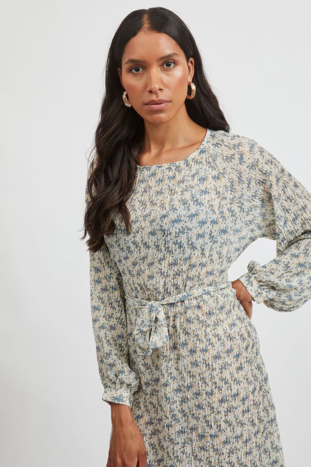 Vila, Rochie vaporoasa cu model floral, Alb prafuit/Albastru