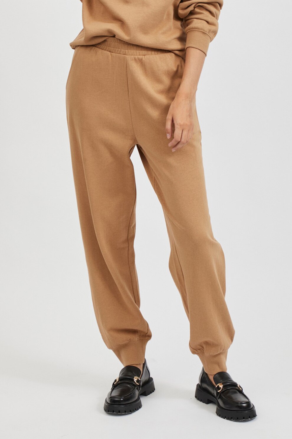 Vila, Pantaloni sport din bumbac cu talie elastica, Cafeniu