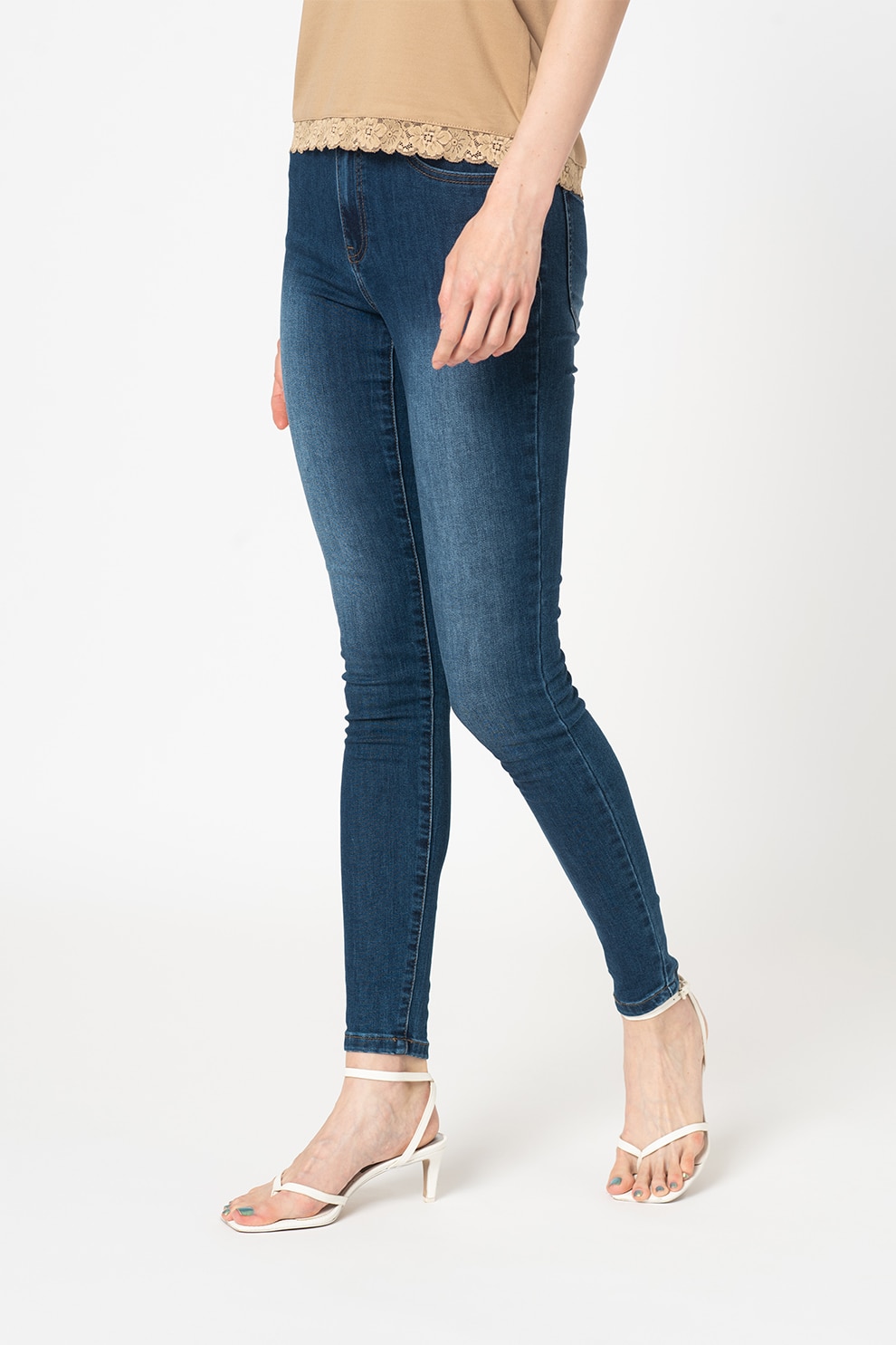 Vila, Blugi skinny cu talie regular, Albastru inchis