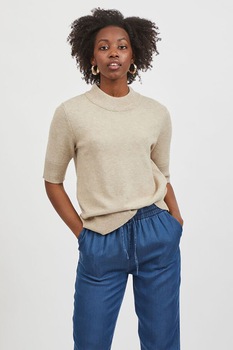 Vila, Bluza cu decolteu la baza gatului si aspect striat, Maro nisip Vila, Bluza cu decolteu la baza gatului si aspect striat, Maro nisip