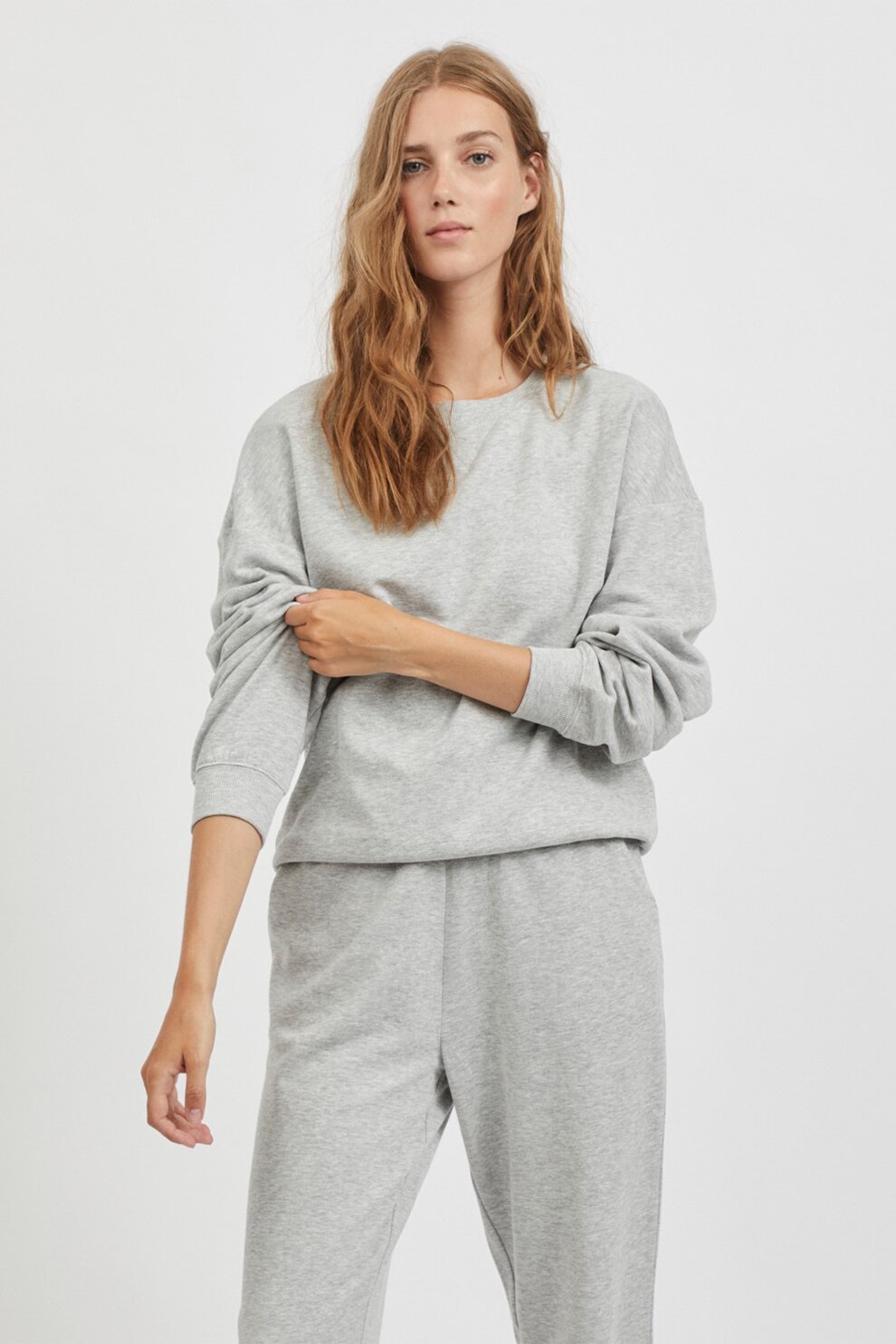 Vila, Bluza din bumbac cu maneci lungi, Gri melange