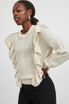 Vila, Pulover din amestec de bumbac cu volane, Alb fildes Vila, Pulover din amestec de bumbac cu volane, Alb fildes