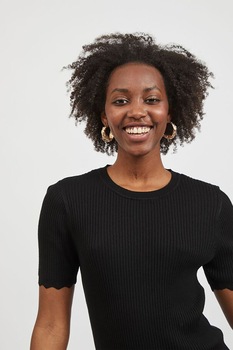 Vila, Bluza cu maneci scurte si imprimeu in dungi, Negru Vila, Bluza cu maneci scurte si imprimeu in dungi, Negru