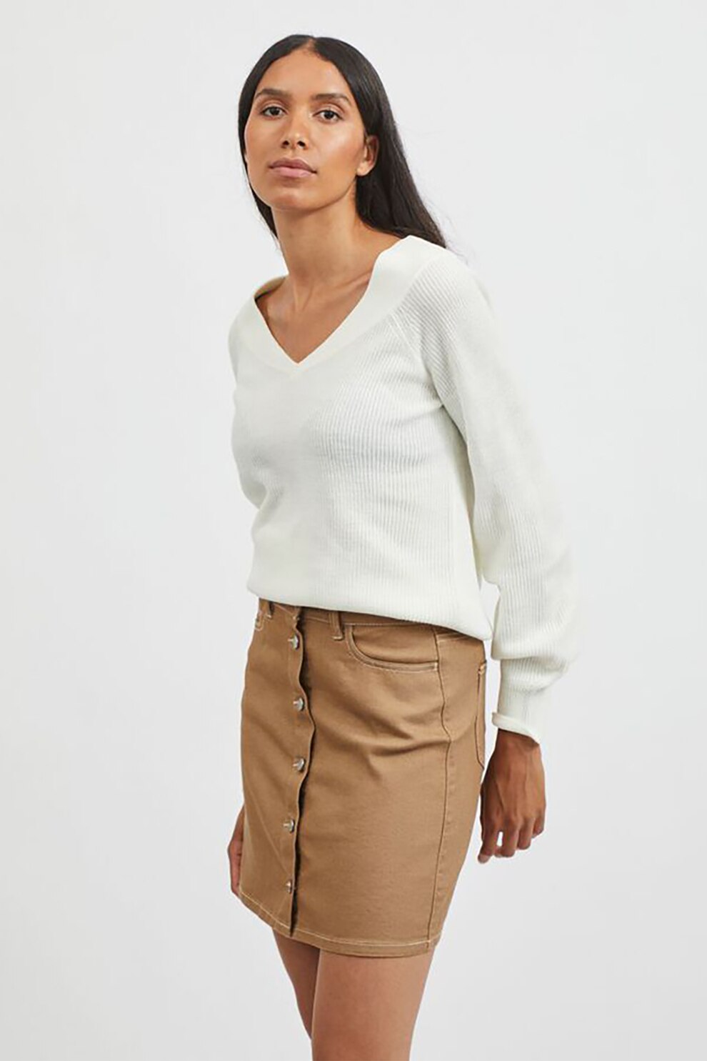 Vila, Pulover tricotat fin cu decolteu in V, Alb