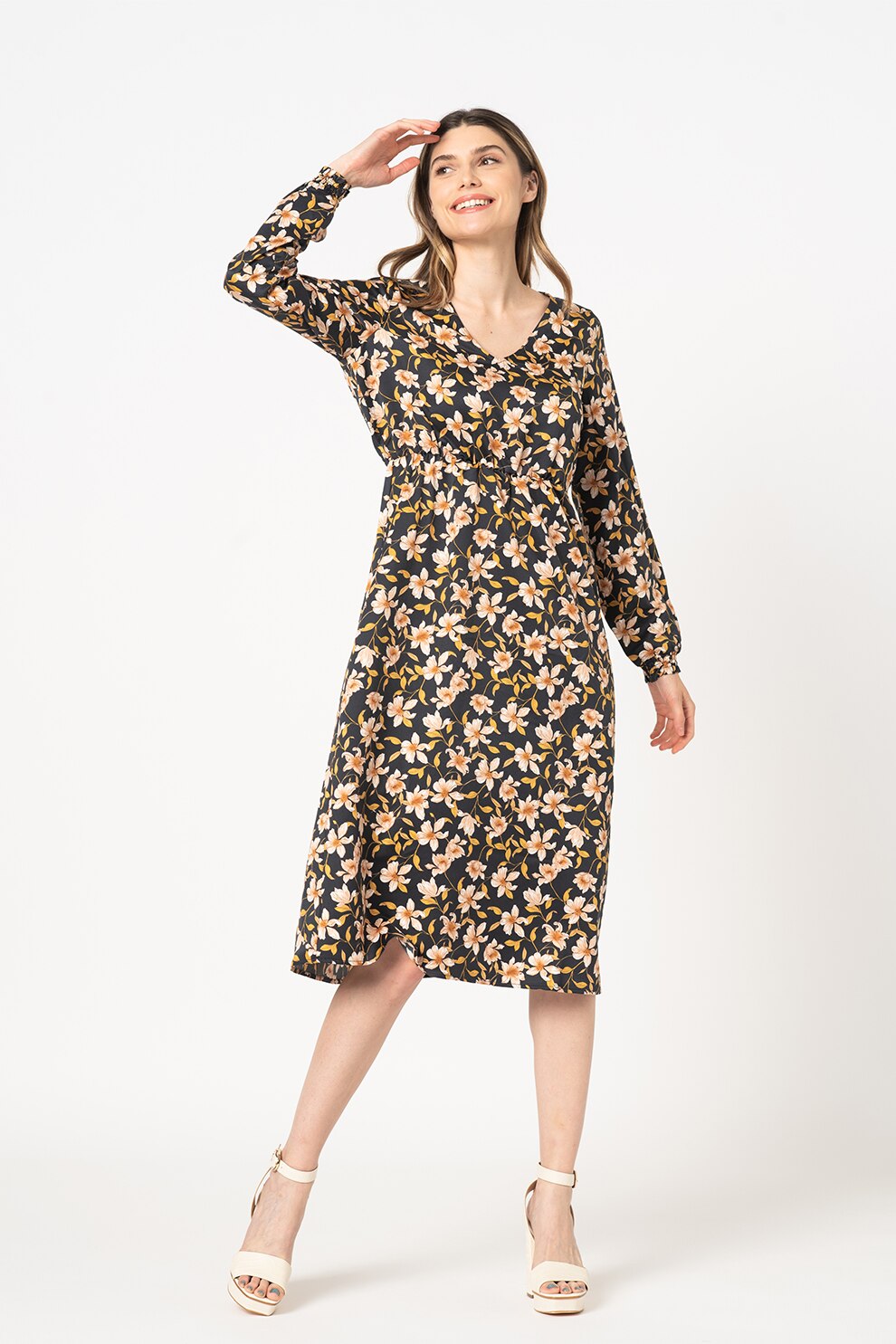 Vila, Rochie cu imprimeu floral si decolteu in V Adee, bleumarin, galben mustar, oranj persan