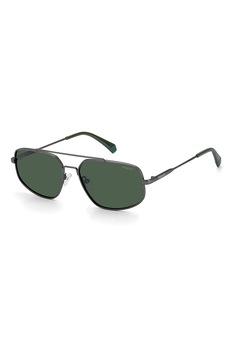 Polaroid, Ochelari de soare aviator dreptunghiulari polarizati, Argintiu inchis, 58-16-145 Standard Polaroid, Ochelari de soare aviator dreptunghiulari polarizati, Argintiu inchis, 58-16-145 Standard