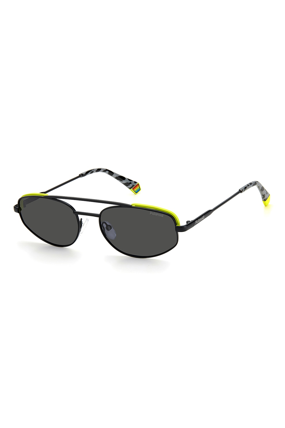 Polaroid, Ochelari de soare ovali unisex polarizati, Negru/ Verde lime, 55-18-145 Standard