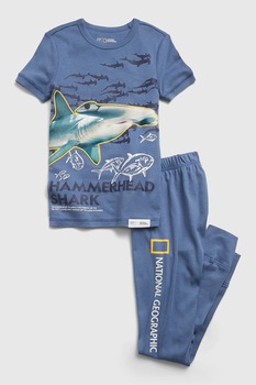 GAP, Pijama de bumbac organic cu model grafic, Albastru prafuit GAP, Pijama de bumbac organic cu model grafic, Albastru prafuit