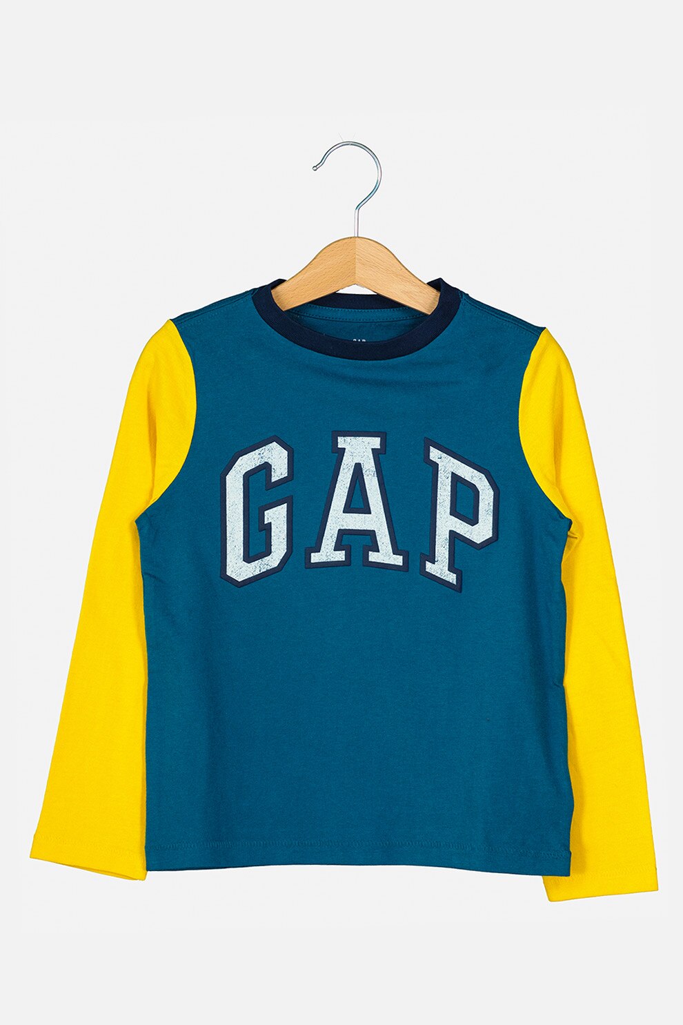 GAP, Bluza cu decolteu la baza gatului si imprimeu logo, Albastru inchis/Galben/Alb