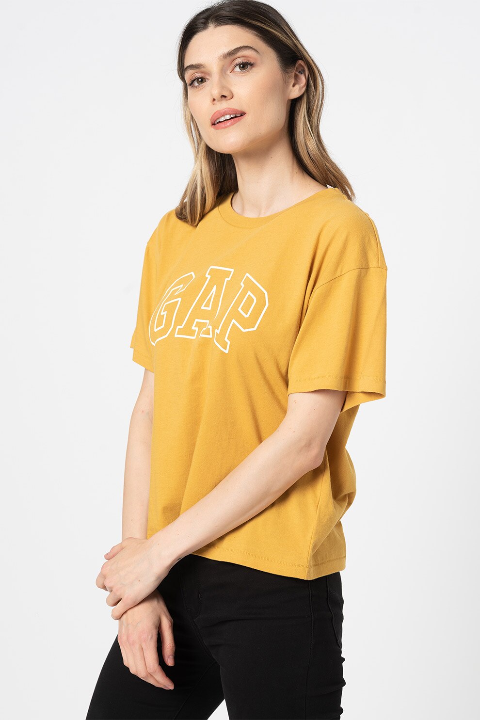 GAP, Tricou cu decolteu rotund si imprimeu logo, Galben mustar/Alb