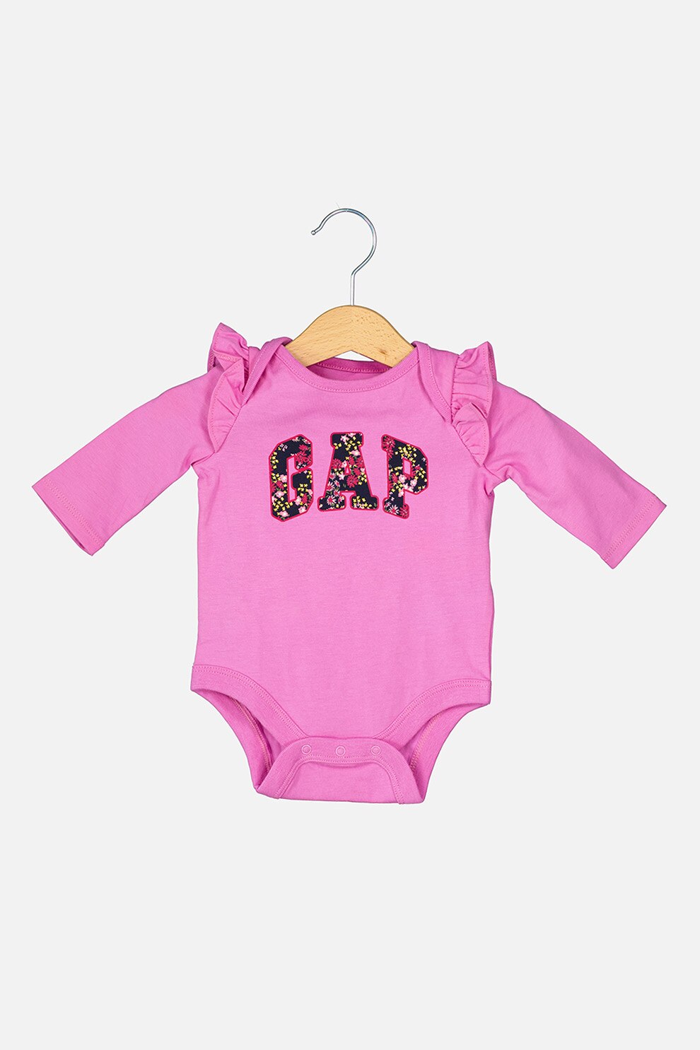GAP, Body de bumbac cu imprimeu si volane, roz orhidee, bleumarin, roz fandango, 50 CM