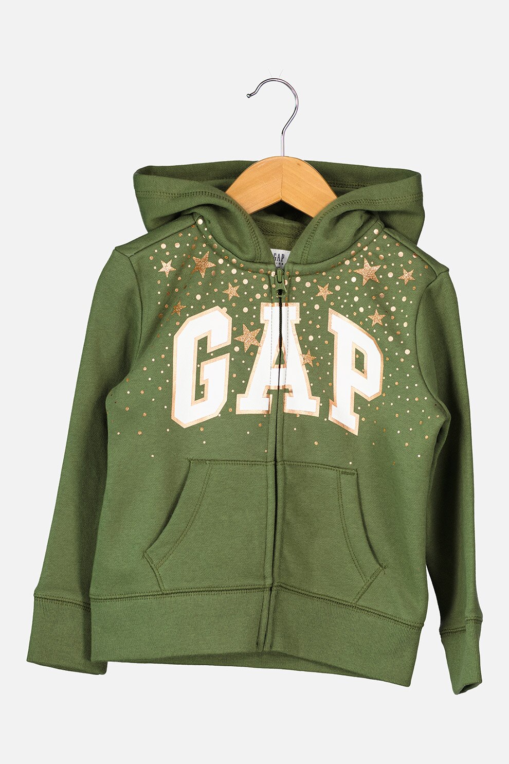 GAP, Hanorac cu imprimeu, fermoar si buzunare, verde feriga, alb, auriu