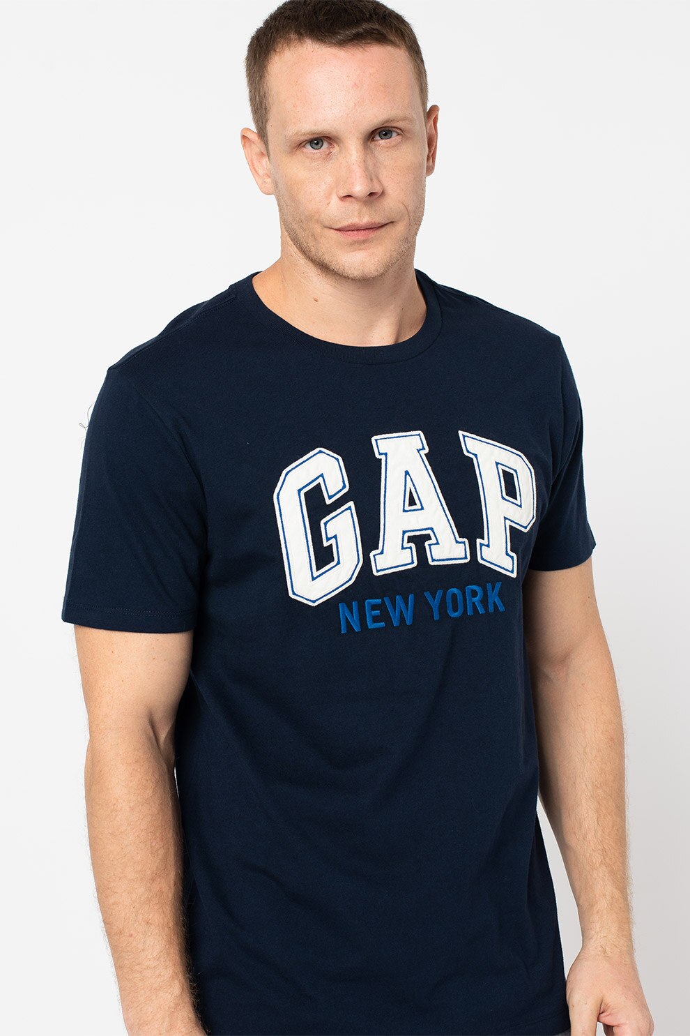 GAP, Tricou cu imprimeu si decolteu la baza gatului, Bleumarin/Alb/Albastru royal