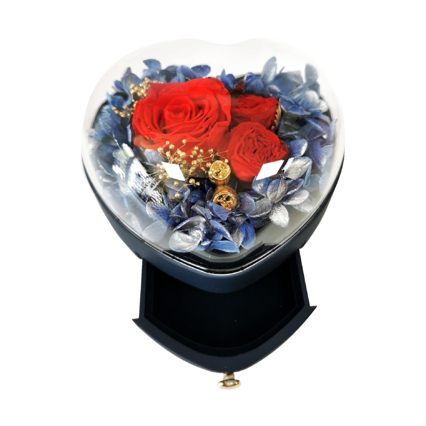 Aranjament cutie pentru bijuterii in forma de inima albastra cu hortensie criogenata si mini rose criogenate , D art Flowers, 13x12x10 cm