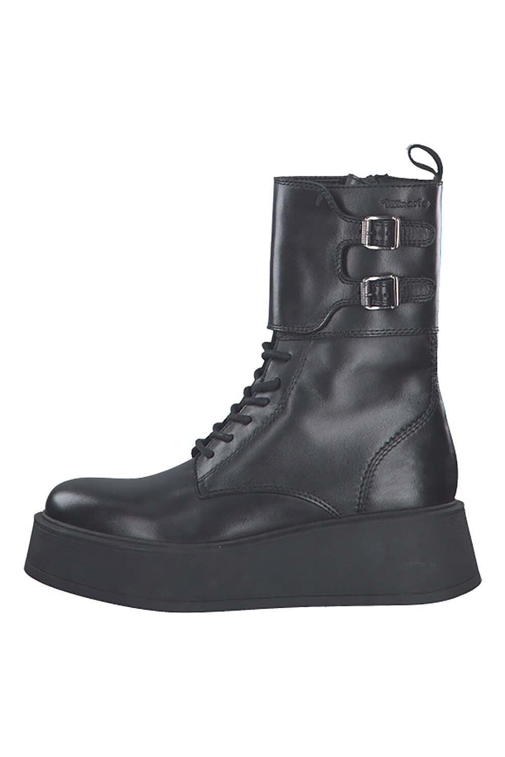 Tamaris, Ghete din piele cu talpa wedge si segment cu catarama, Negru