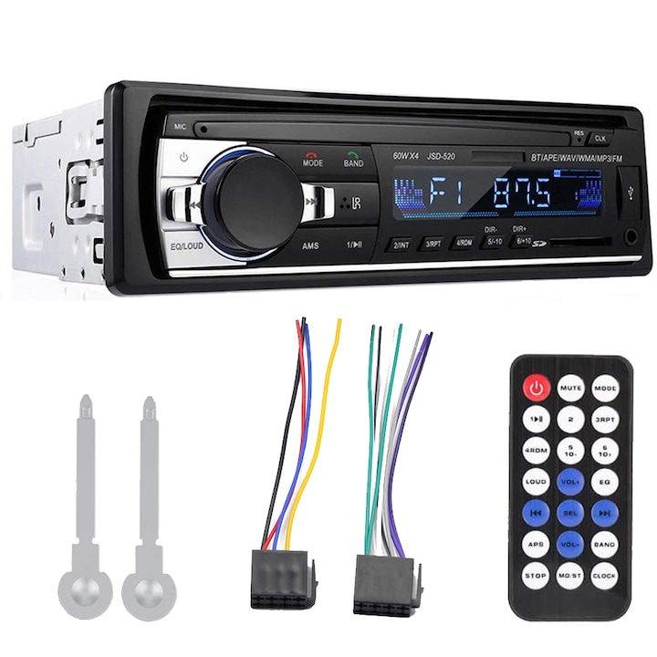 Radio MP3 player auto, Vaxiuja®, Conexiune duala Bluetooth, Copie audio, FM, 4 x 60W, Telecomanda, Stereo, Suport intrare AUX / SD / USB, Negru
