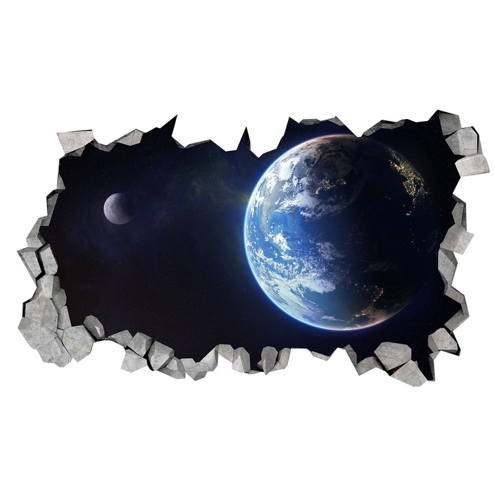 Sticker decorativ, gaura in perete 3D, Planeta, 85 cm, 1039STK-2