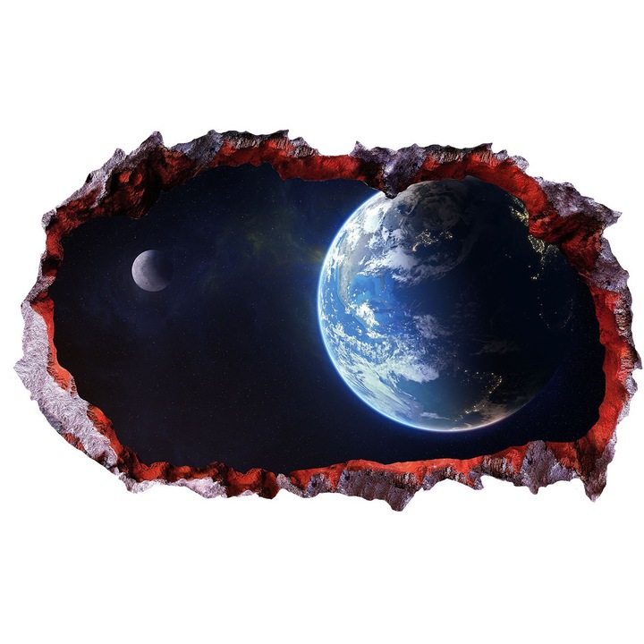 Sticker decorativ, gaura in perete 3D, Planeta, 85 cm, 1039STK-1