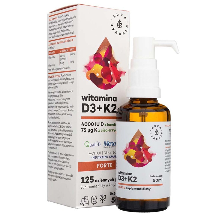 Aura Herbals étrendkiegészítő, D3-vitamin, 4000 NE + K2mk7, 50 ml