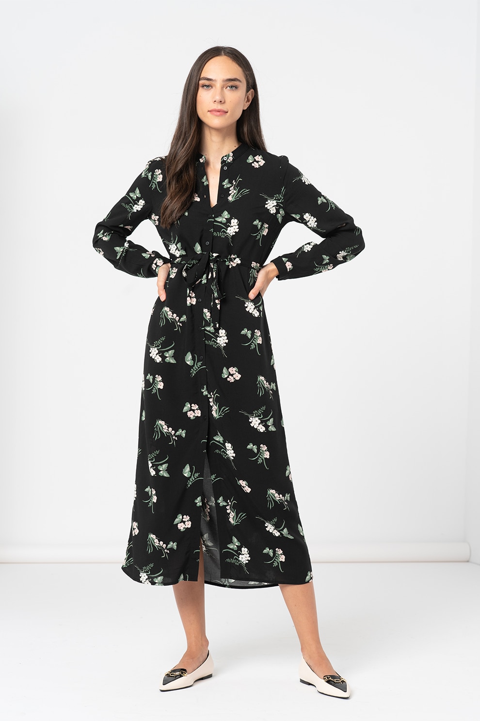 Vero Moda, Rochie-camasa midi cu imprimeu floral Simply, negru, verde marin, roz pal, M