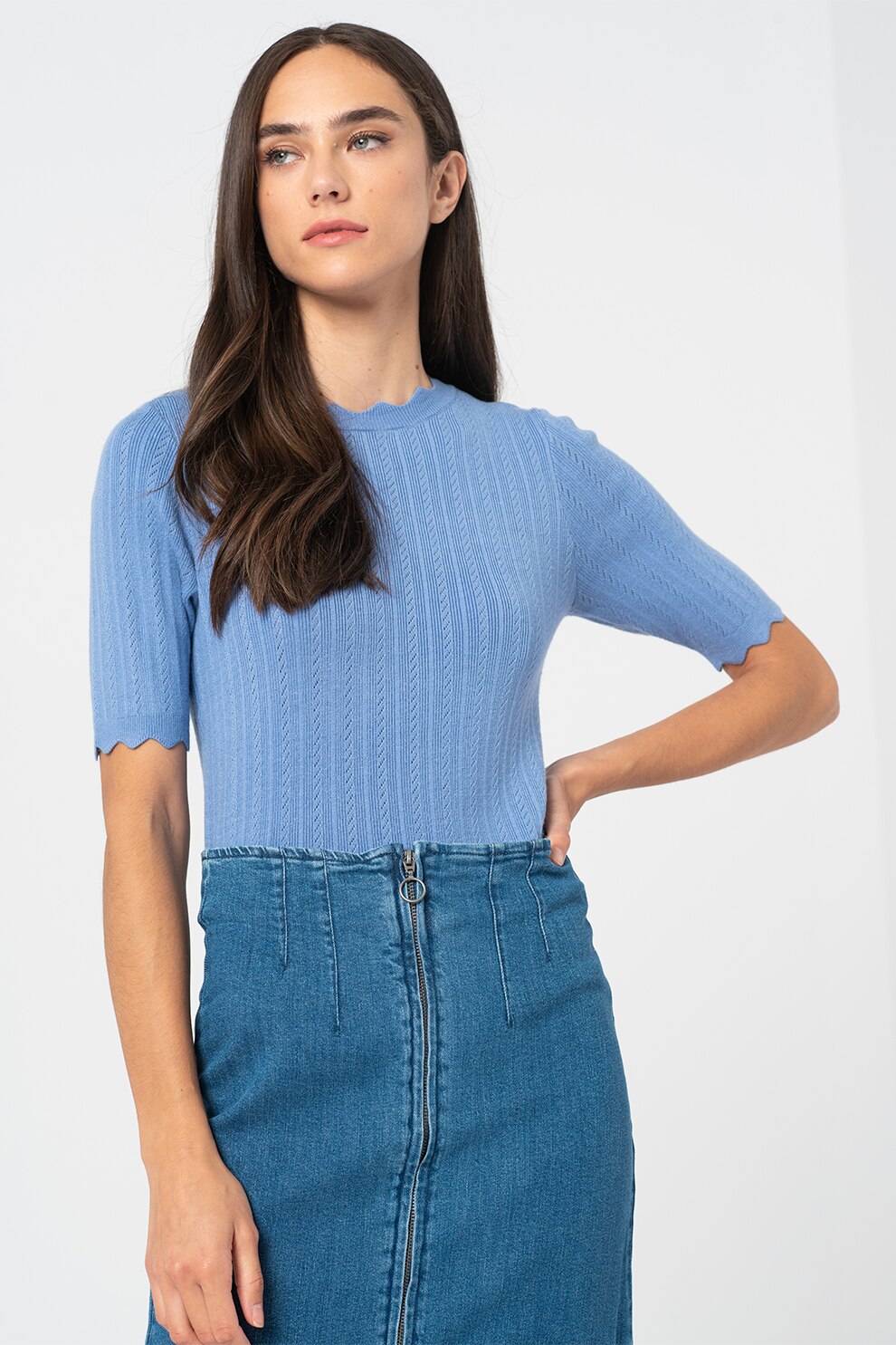 Vero Moda, Pulover cu maneci medii si terminatii valurite Karis, Albastru lavanda