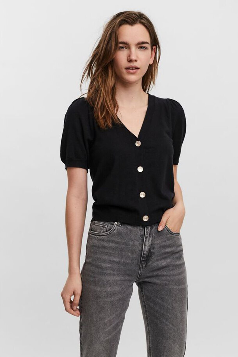 Vero Moda, Cardigan cu maneci scurte si decolteu in V, Negru