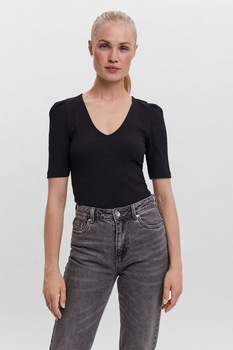 Vero Moda, Tricou din amestec de bumbac organic cu aspect striat si decolteu in V, Negru Vero Moda, Tricou din amestec de bumbac organic cu aspect striat si decolteu in V, Negru