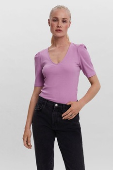 Vero Moda, Tricou din amestec de bumbac organic cu aspect striat si decolteu in V, Lila Vero Moda, Tricou din amestec de bumbac organic cu aspect striat si decolteu in V, Lila