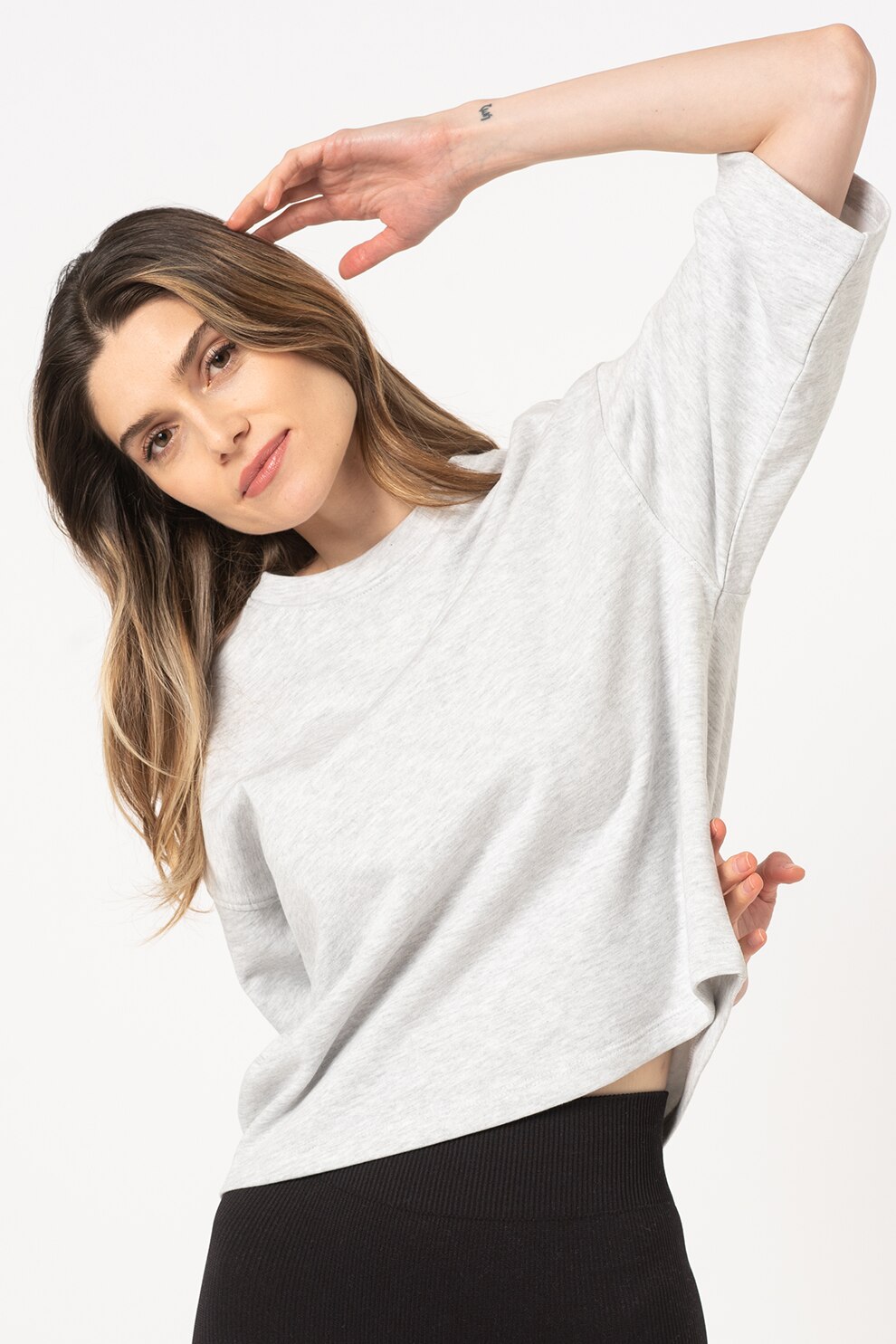 Vero Moda, Bluza sport din bumbac organic cu maneci 3/4 Prime, Gri deschis melange